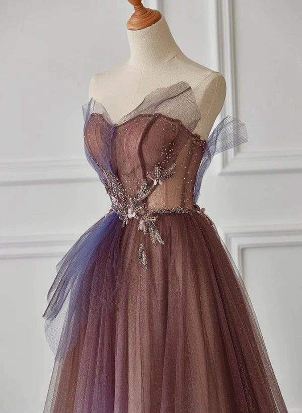 A-line Purple Gradient Tulle Beaded Long Party Dress